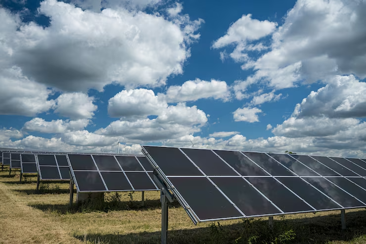 Solar panel array under a bright sky